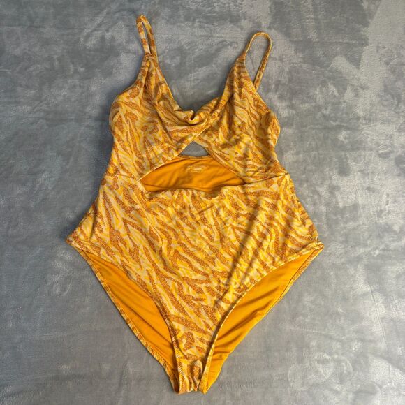 Aerie Twist front Cut Out Zeba Print Swimsuit Women's L Yellow Orange Full Cover - Picture 1 of 7